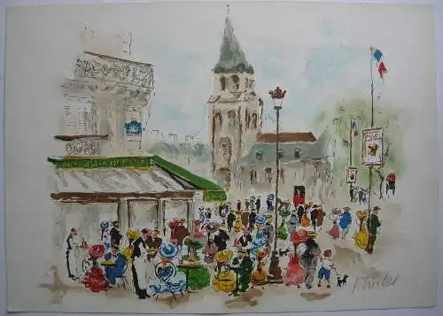 Urbain Huchet (1930) Paris Cafe Deux Maggot Orig Farblithografie 1965 signiert  