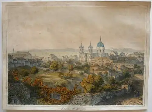 Melk Niederösterreich Stift Melk und Ortsansicht Orig Lithografie um 1840