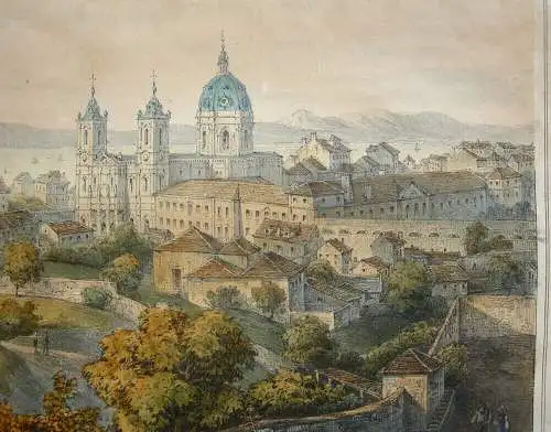 Melk Niederösterreich Stift Melk und Ortsansicht Orig Lithografie um 1840