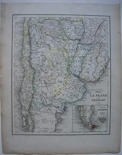 South America Chile La Plata Uruguay kolor Orig Stahlstich 1853  