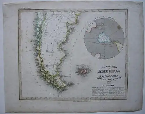 South America Patagonia Feuerland Falkland Inseln kolor Orig Stahlstich 1844