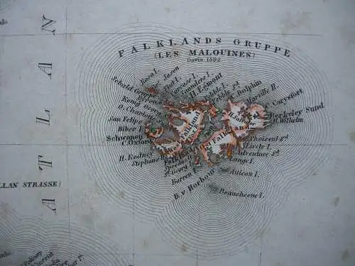 South America Patagonia Feuerland Falkland Inseln kolor Orig Stahlstich 1844