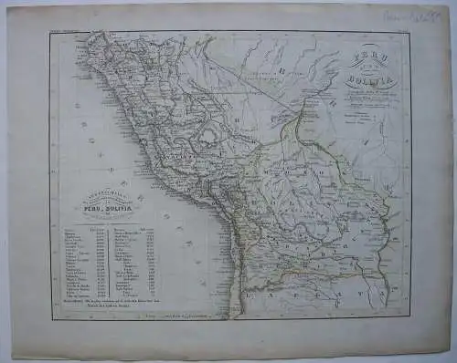 South America Peru und Bolivien kolor Orig Stahlstich 1853  