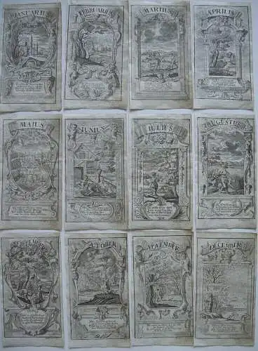 Th. Bäck (XVIII/XIX) 12 Monatsbilder 12 emblematische Kupferstiche um 1780 