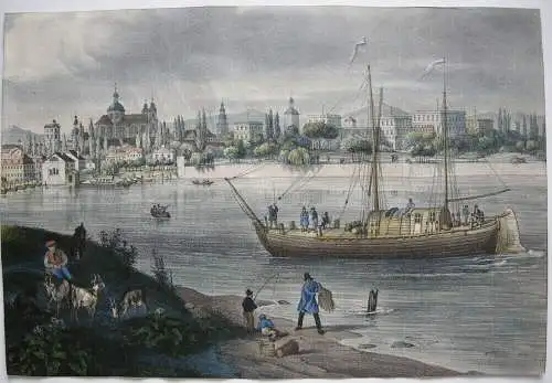 Mannheim Gesamtansicht über Rhein Orig Lithografie 1840 Jesuitenkriche Schloss