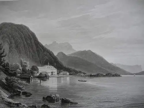 Weißenbach Attersee Oberösterreich Orig. Stahlstich F. Hablitscheck 1847