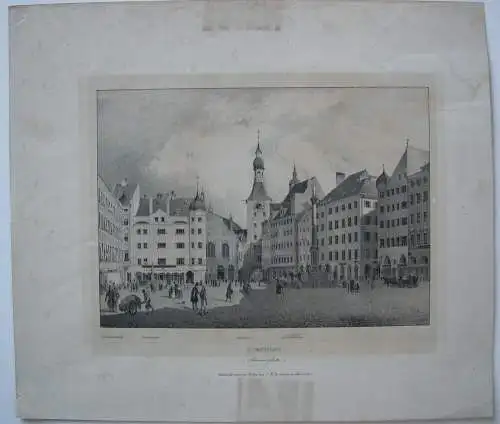 München Marienplatz Altes Rathaus Orig Lithographie 1830 C. A. Lebschée