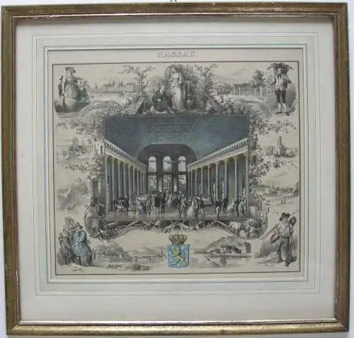 Wiesbaden Nassau Kursaal Randdarstellungen Orig. Farblithografie Hohbach 1836 
