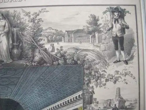 Wiesbaden Nassau Kursaal Randdarstellungen Orig. Farblithografie Hohbach 1836 