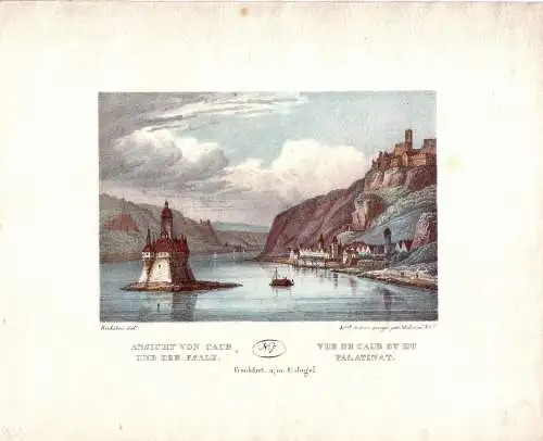 Ansicht von Caub Kaub und der Pfalz Orig Farblithographie 1835 Bove Rheinland