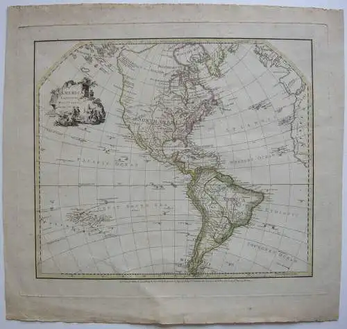 North South America Kontinentkarte kolor Orig Kupferstichkarte Faden 1776 
