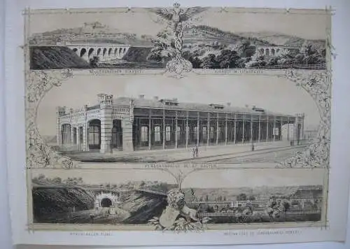 Kaiserin Elisabeth-Westbahn Bahnhof St. Pölten getönte Orig Lithografie 1860 