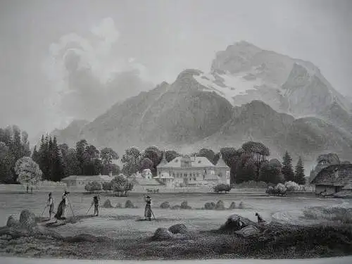 Hellbrunn mit Untersberg Salzburg Orig. Stahlstich C. Huber 1847