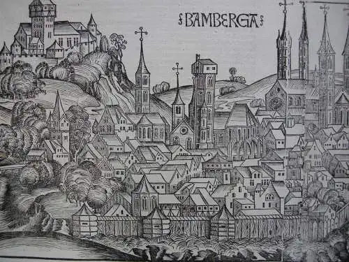 Bamberg Gesamtansicht Orig Holzschnitt Schedel 1493 Franken 1. gedruckte Ansicht