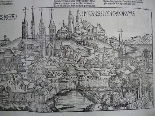 Bamberg Gesamtansicht Orig Holzschnitt Schedel 1493 Franken 1. gedruckte Ansicht