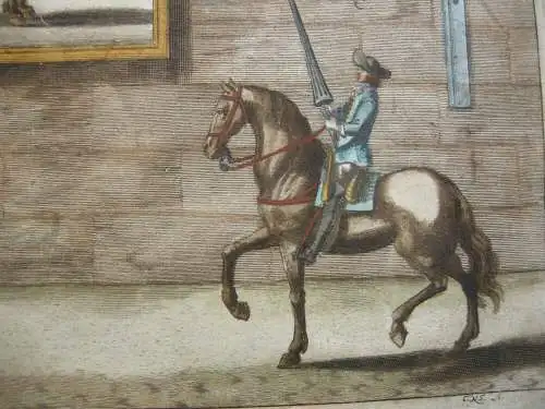 Nicolas Schurtz Reiterspiel Reitlehre kolor Kupferstich 1678 Ritterspiele