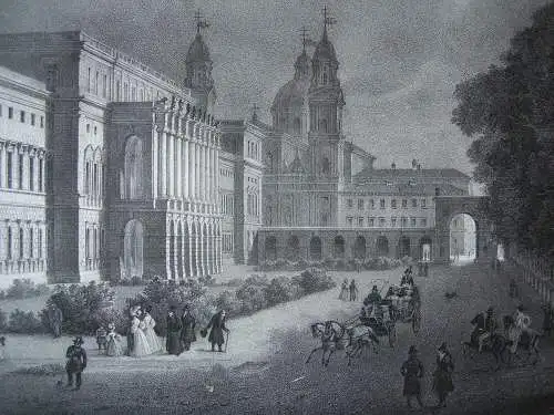 München Residenz Nordseite Hofgarten Orig Lithografie Bergmann Jodl 1850