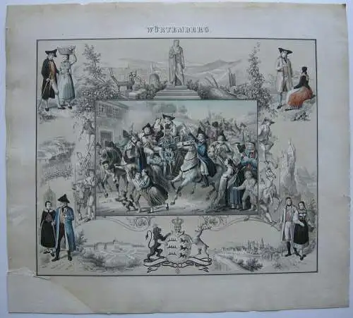 Württemberg Souvenirblatt kolor getönte Lithografie Ansichten Trachten 1860