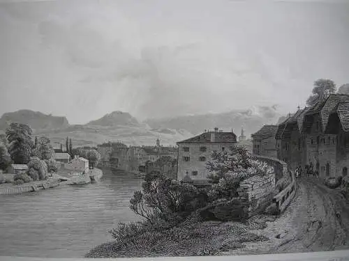 Salinenstadt Hallein Gesamtansicht Salzburg Orig. Stahlstich Hablitschek 1847