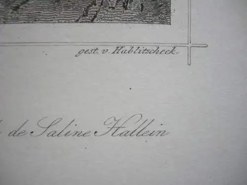 Salinenstadt Hallein Gesamtansicht Salzburg Orig. Stahlstich Hablitschek 1847