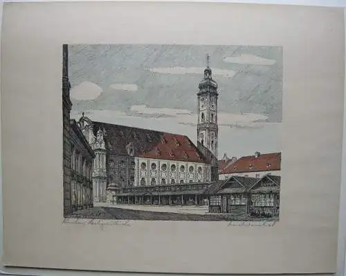 München Heiliggeistkirche und Viktualienmarkt Orig Radierung Winkel 1946 sign