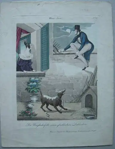Karikatur Wien Unglück glücklicher Liebhaber Biedermeier Ori Farbradierung 1850 