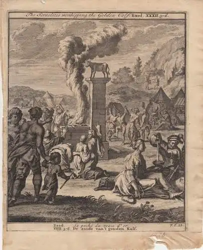 Israeliten beten das goldene Kalb an Exodus Bibel Orig Kupferstich 1710