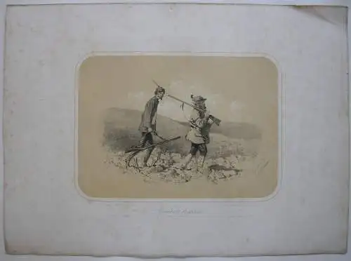 Zwei Jäger Jagd-Abenteuer kolor Orig Lithografie Tony Strassgschwandtner 1860 