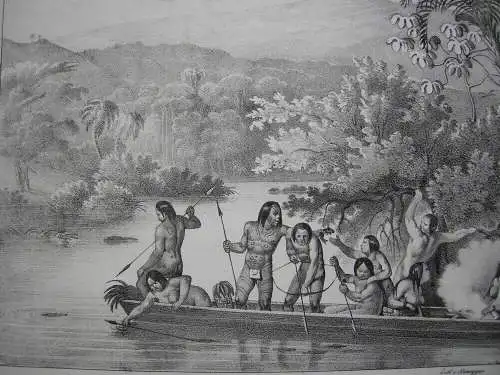 Brasilien Canot indien Fischende Indios Orig Lithografie Honegger 1845 Bresil