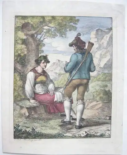 Josef Anton Rhomberg (1786-1855) Jäger Bäuerin Kreidelithografie Inkunabel 1817