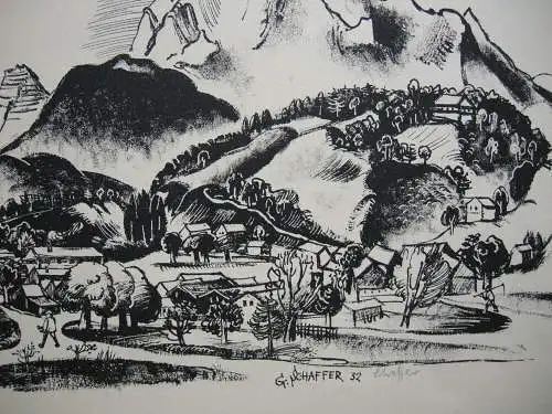 Gustav Schaffer (1818-1937) Dorf Lithografie 1932 signiert Künstlergr Chemnitz