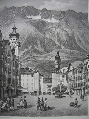 Innsbruck Teil der Neustadt Tirol Österreich Orig. Aquatinta-Radierung 1840 