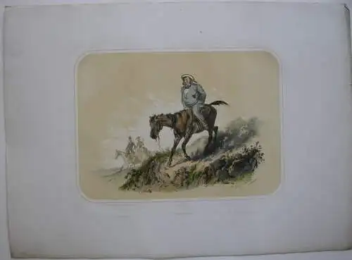 Nicht sattelfester Reiter kolor Orig Lithografie Tony Strassgschwandtner 1860 