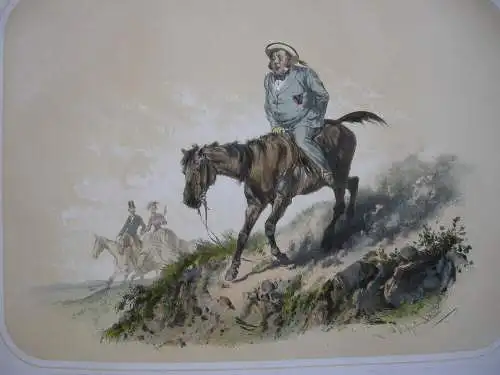 Nicht sattelfester Reiter kolor Orig Lithografie Tony Strassgschwandtner 1860