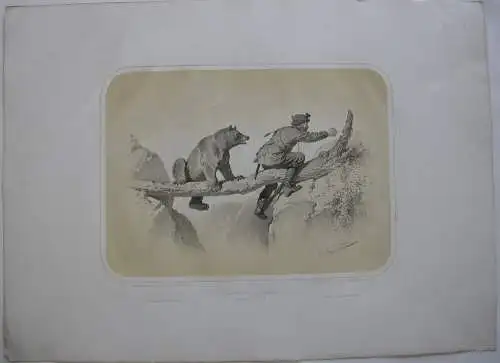 Jäger u Bär Jagd-Abenteuer kolor Orig Lithografie Tony Strassgschwandtner 1860 