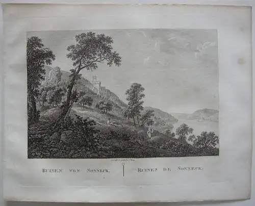 Ruinen Sooneck Bingen Rhein Orig Kupferstich J. Roux 1822 Rheinland-Pfalz