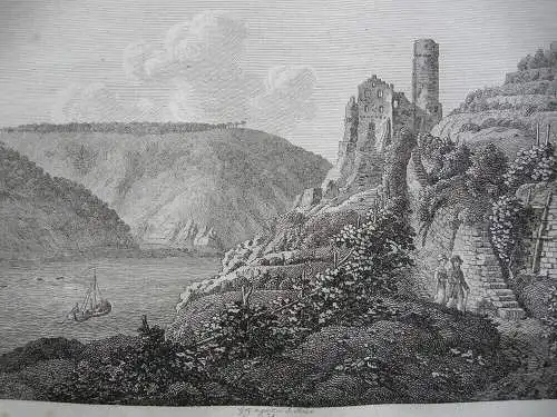 Ruinen von Ehrenfels Rhein Orig Kupferstich J. Roux 1822 Hessen