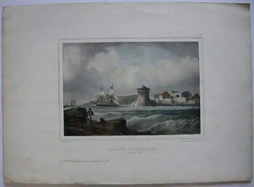 Befestigungsanlage am Meer Orig Farblithografie Ferd. Perret 1850 France