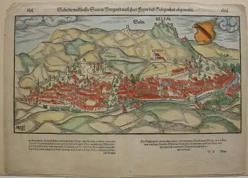 Salins-les-Bains Borgogne France kolor Orig Xylografie Holzschnitt Münster 1580