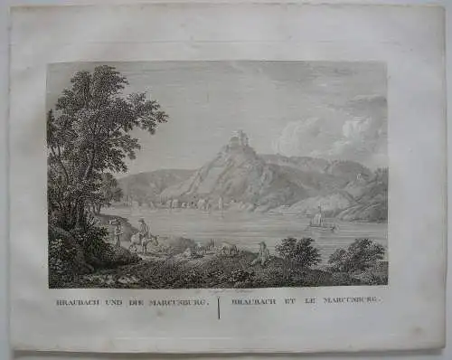 Braubach Marcusburg Rhein Orig Kupferstich J. Roux 1822 Rheinland Pfalz