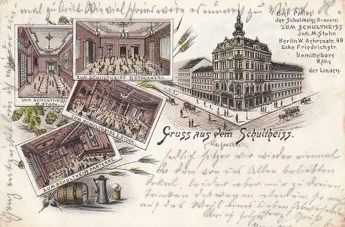 AK Berlin Bierpalast zum Schultheiss Behrenstr. Brauerei Litho gel 1894