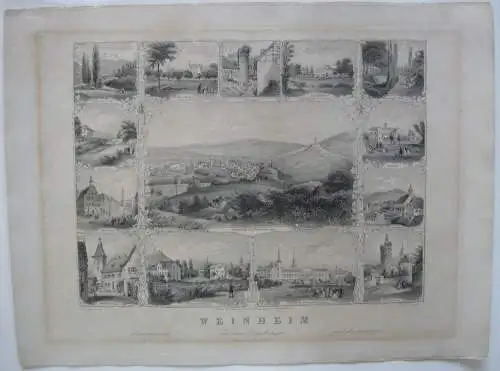 Weinheim Sammelblatt Ansicht 13 Detailanischten Orig Stahlstich Poppel 1840