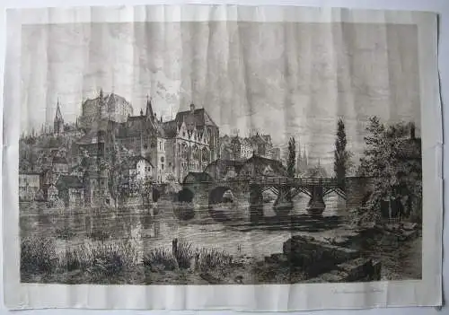 Universität Marburg Lahn-Brücke Orig Radierung B Mannfeld 1900 (45,5 x 70 cm!)