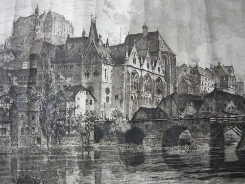 Universität Marburg Lahn-Brücke Orig Radierung B Mannfeld 1900 (45,5 x 70 cm!)