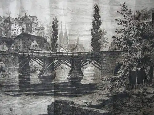 Universität Marburg Lahn-Brücke Orig Radierung B Mannfeld 1900 (45,5 x 70 cm!)