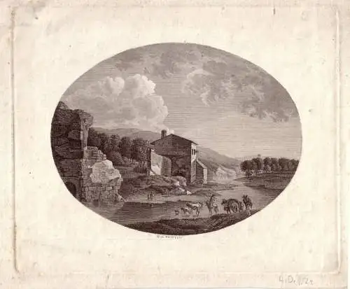 Kühe an der Tränke in Ideallandschaft Ruinen Monogr H. D. 1824 Kupferstich 