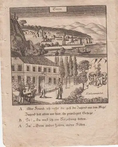 Koroni Messinien Griechenland Greece Orig. Kupferstich 1830 Allegorie Wappen