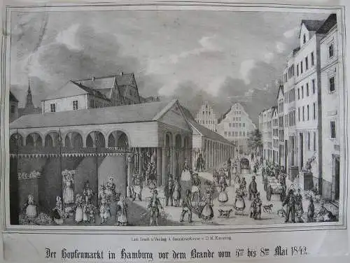 Hamburg Hopfenmarkt vor dem Brande 1842 Orig Lithografie 1850 