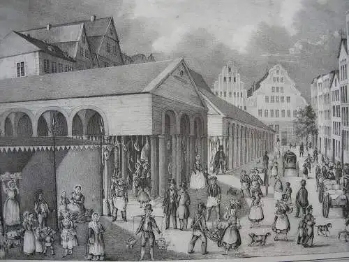 Hamburg Hopfenmarkt vor dem Brande 1842 Orig Lithografie 1850 