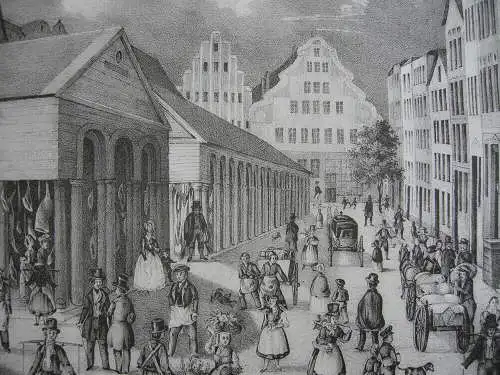 Hamburg Hopfenmarkt vor dem Brande 1842 Orig Lithografie 1850 